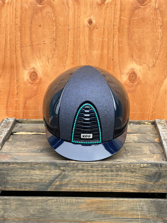 KEP HELMET IN POLISHED BLUE WITH STAR FRONT INSERT AND TEAL CRYSTALS