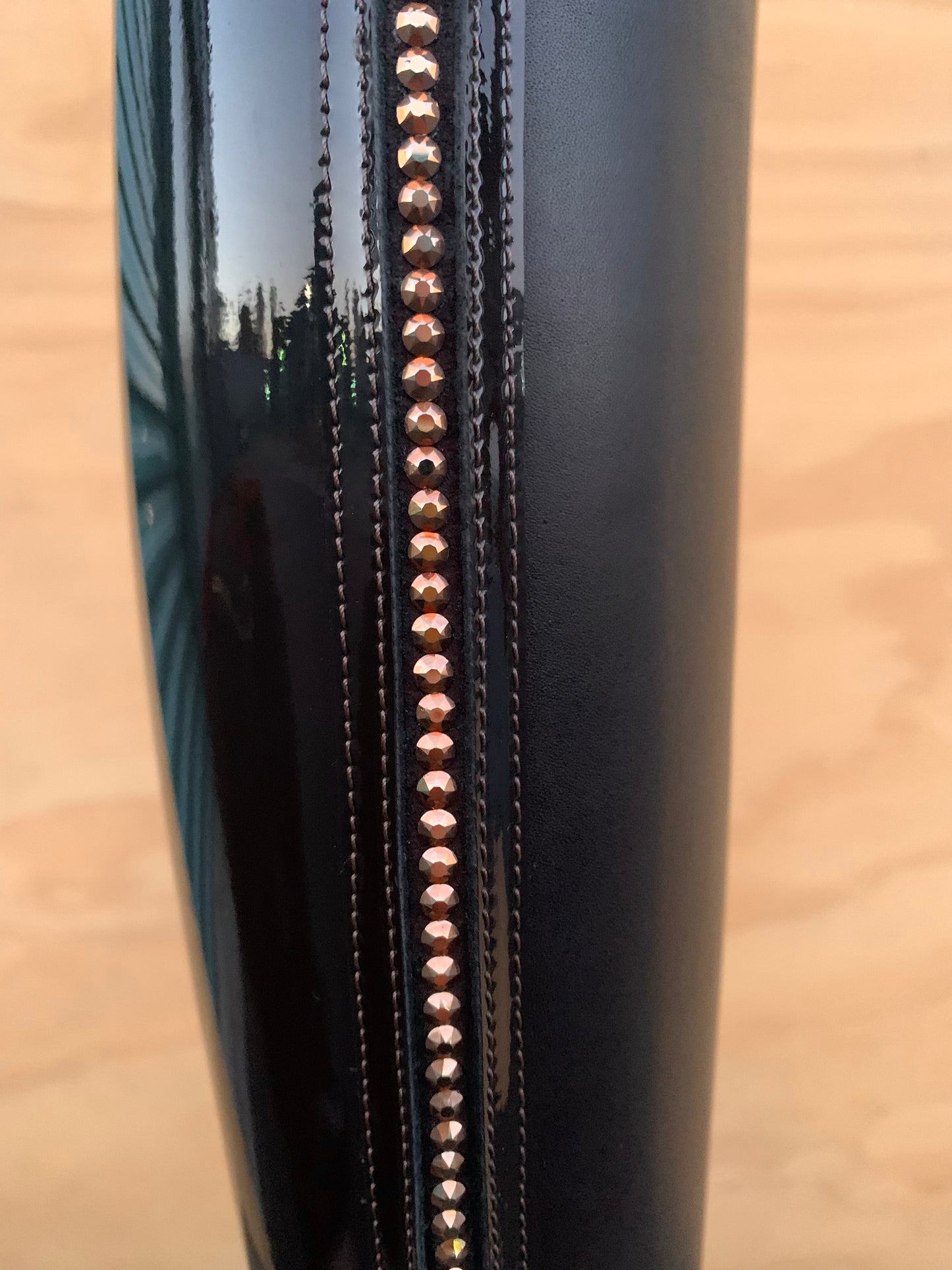 DENIRO TIZZIANO PATENT BROWN WITH PINK DETAIL AND ROSE GOLD CRYSTALS ON SPINE