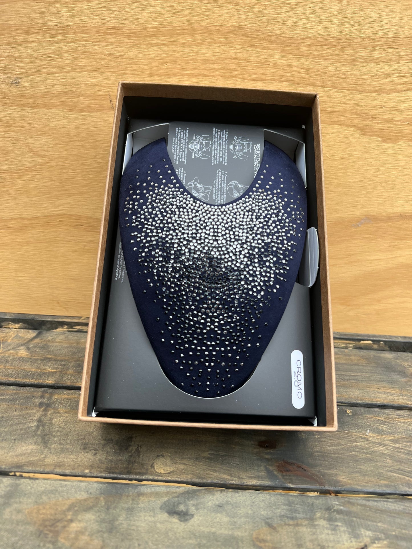 KEP HELMET FRONT INSERT WITH GREY SWAROVSKI ON NAVY BACKGROUND