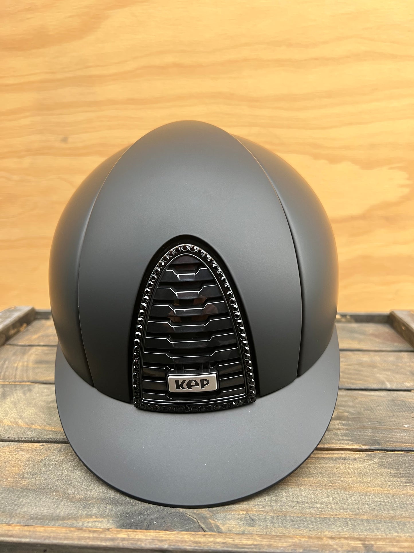 KEP HELMET MATTE BLACK WITH JET HEMATITE CRYSTALS AND POLISHED GRID/FRAME