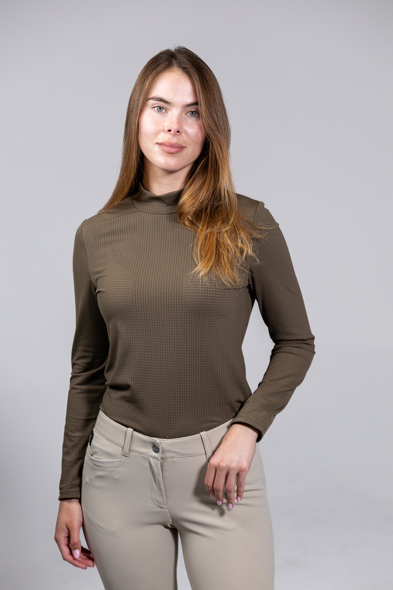 EQUISITE ALESIA PERFORATED MOCK NECK LONG SLEEVE