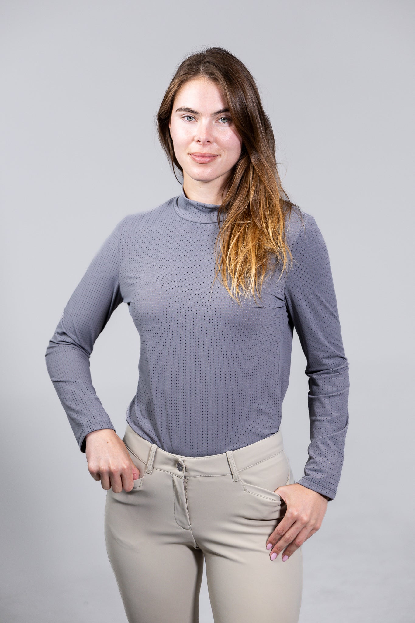 EQUISITE ALESIA PERFORATED MOCK NECK LONG SLEEVE
