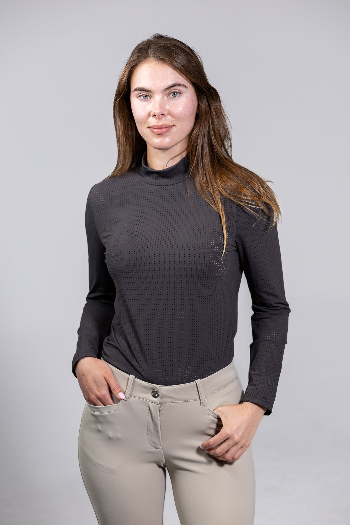 EQUISITE ALESIA PERFORATED MOCK NECK LONG SLEEVE