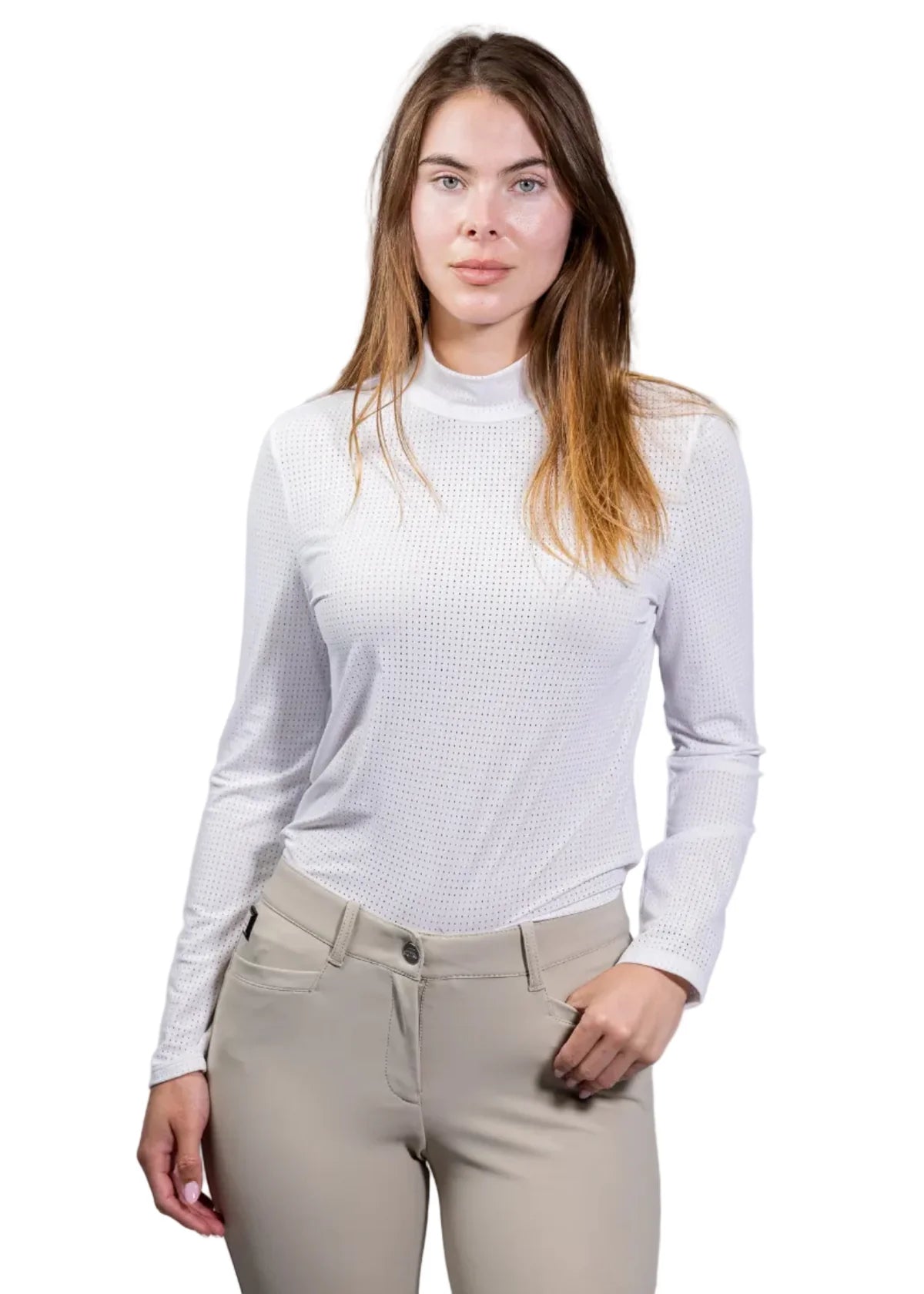 EQUISITE ALESIA PERFORATED MOCK NECK LONG SLEEVE