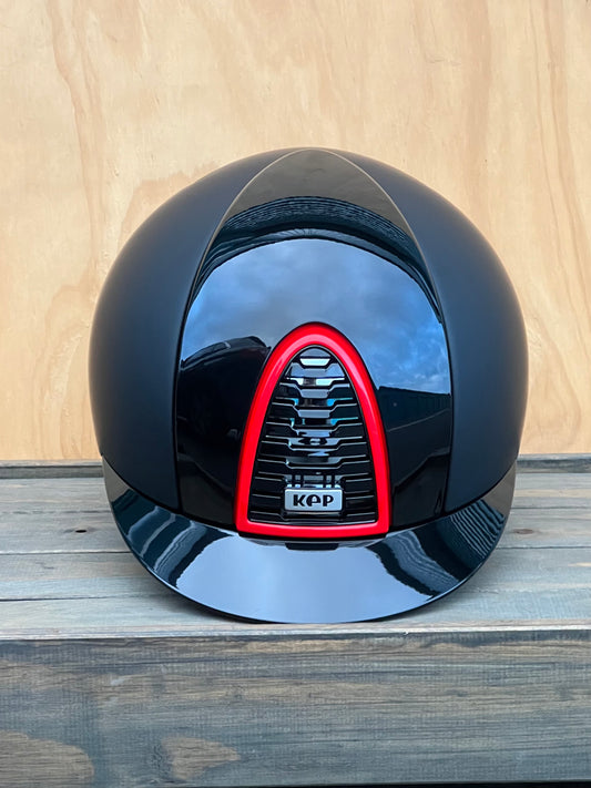 KEP HELMET MATTE BLACK WITH POLISHED INSERTS FRONT AND BACK AND RED FRAME