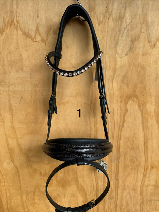 OTTO SCHUMACHER SNAFFLE WITH LEEDS NOSEBAND IN PATENT CROCO BROWN RIVOLI BROWBAND