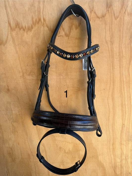 OTTO SCHUMACHER TOKYO SNAFFLE WITH 4.5 CUT BACK NOSEBAND IN BROWN CROCO AND TIFFANY BROWBAND