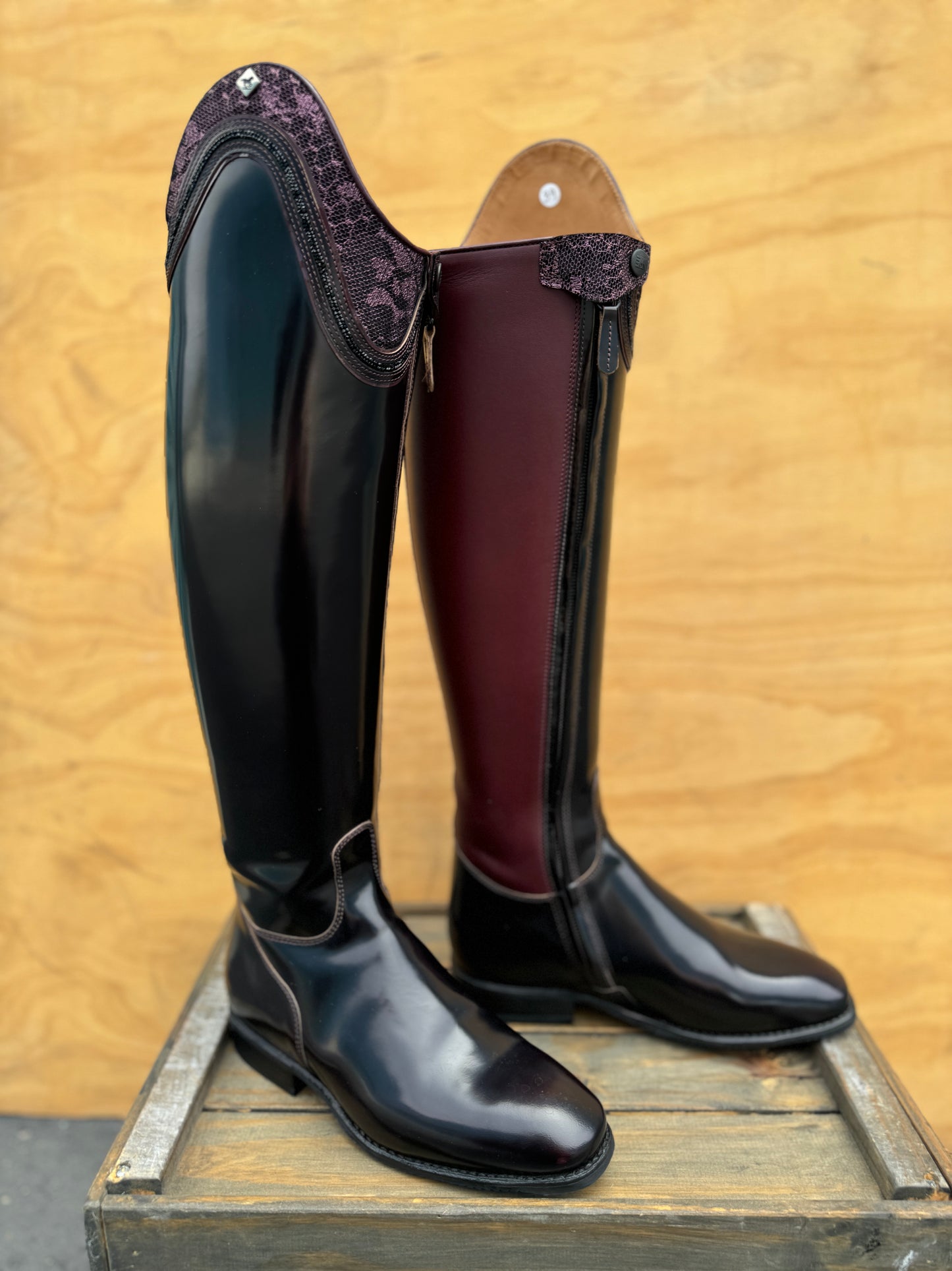 DENIRO BOOT RAFFAELO IN BRUSHED BURGUNDY WITH CRYSTAL TOP SIZE 39 WIDTH 38.7 HEIGHT 45.5